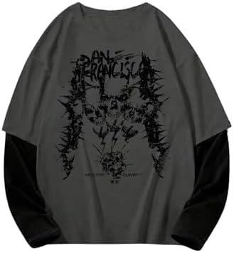 jupkem Men's Goth Baggy Shirt Y2k Graphic Print Long Sleeve Tees